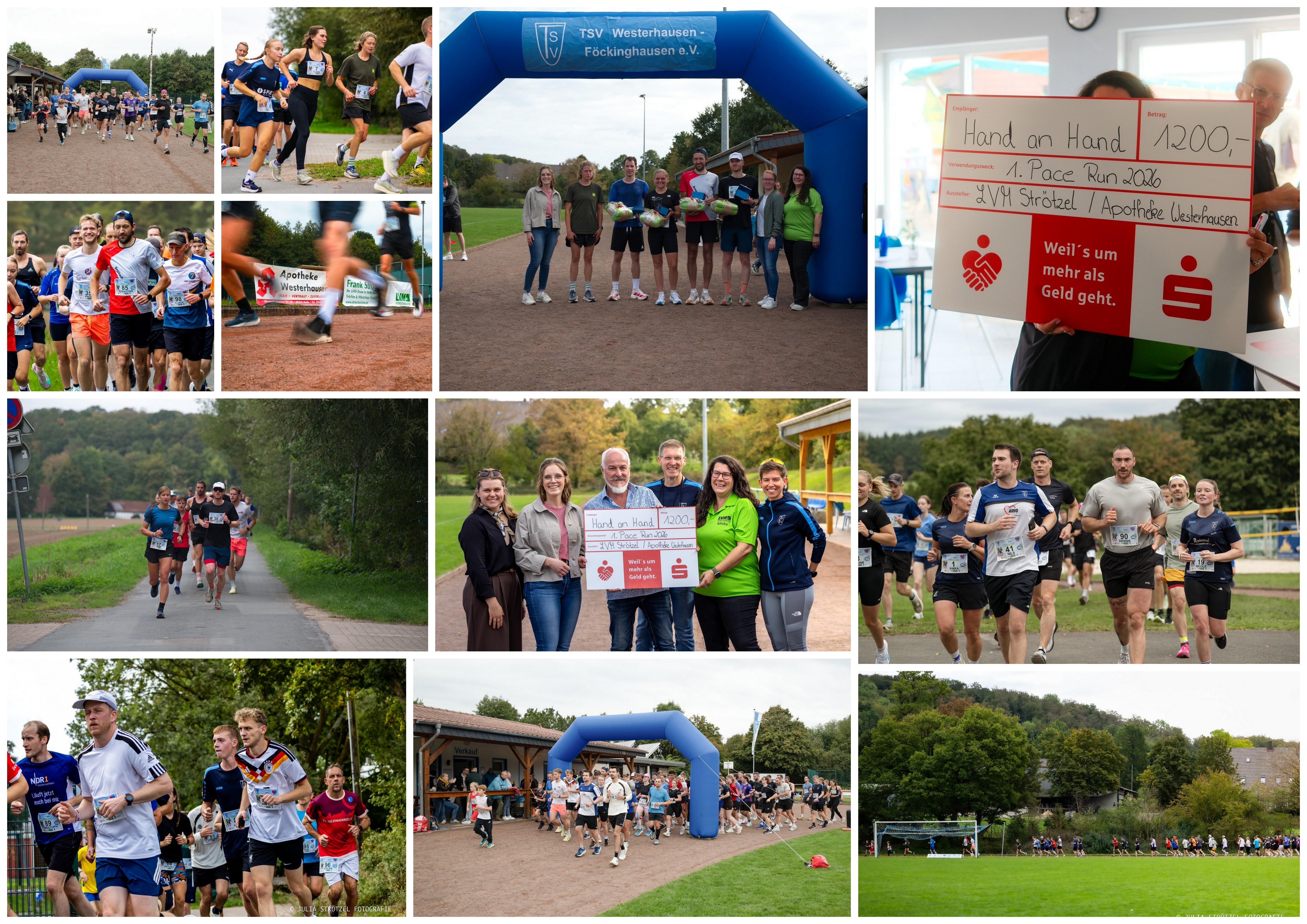 Collage Pace Run 26.09.2026 Fotocollage vom 1. Pace Run 2026 des TSV Westerhausen-Föckinghausen e.V. Zu sehen sind zahlreiche Läuferinnen und Läufer beim gemeinsamen Start unter einem blauen TSV-Startbogen sowie während des Laufs auf verschiedenen Strecken rund um das Sportgelände und durch die Umgebung. Weitere Bilder zeigen Teilnehmende und Organisierende nach dem Lauf. Im Mittelpunkt steht die Spendenaktion: Ein symbolischer Spendenscheck über 1.200 Euro wird zugunsten von „Hand an Hand“ überreicht. Die Collage vermittelt die sportliche, gemeinschaftliche Atmosphäre der Veranstaltung und verbindet Bewegung mit sozialem Engagement.