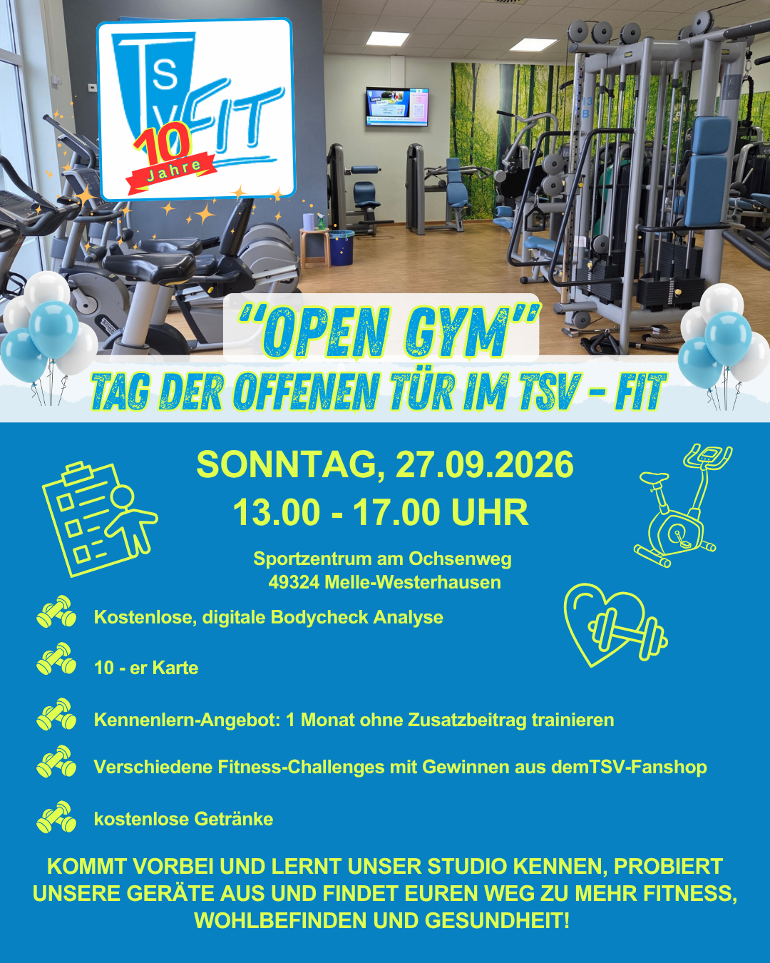 Plakat zum 10-jährigen Jubiläum des TSV-Fit: Tag der offenen Tür am 27. September 2026 von 13 bis 17 Uhr im Sportzentrum am Ochsenweg in Melle-Westerhausen mit Studio-Besichtigung, Bodycheck, Fitness-Challenges und Kennenlern-Angeboten.