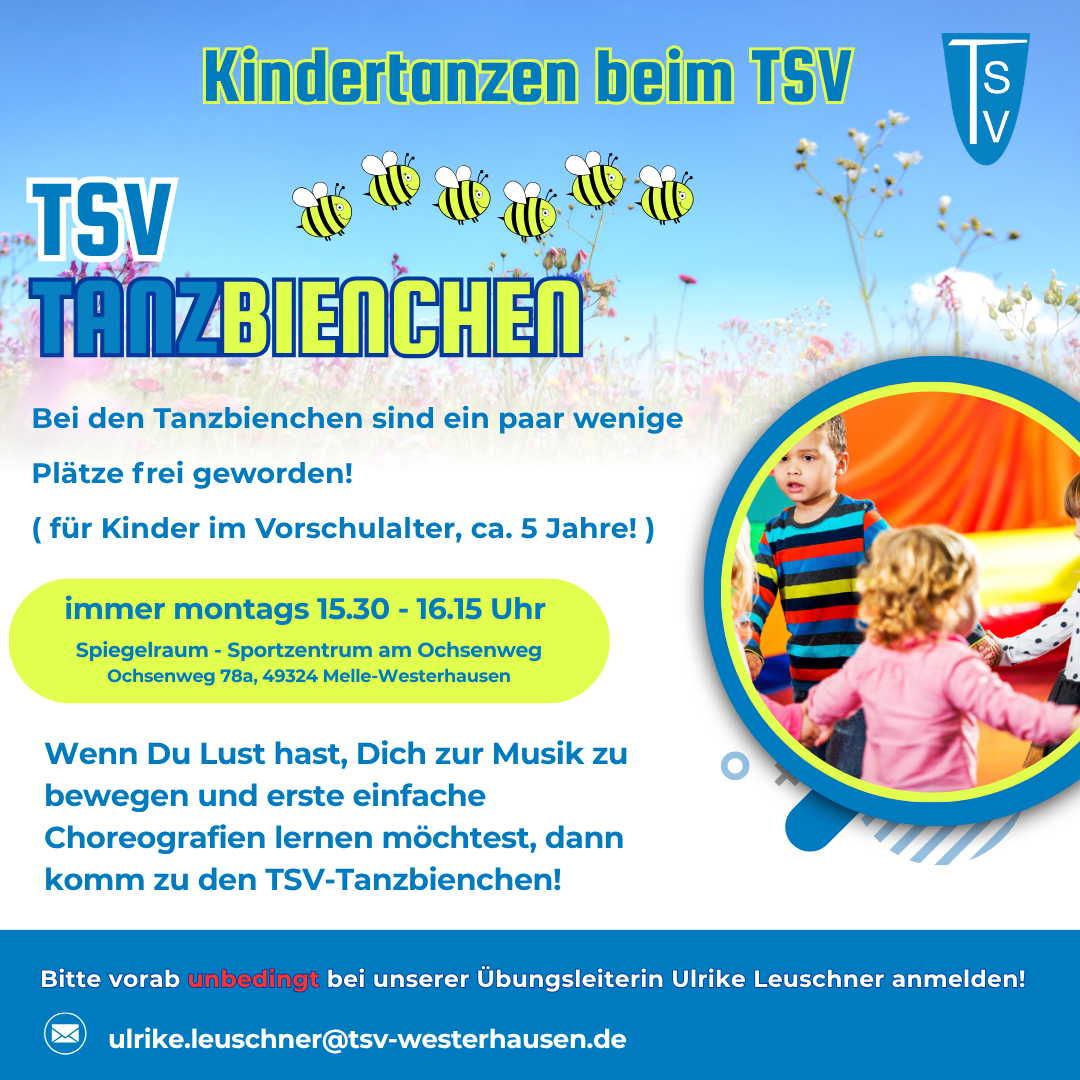 Werbeplakat für Kindertanzen beim TSV mit Text und Foto von drei Kindern, die sich an den Händen halten und im Kreis tanzen