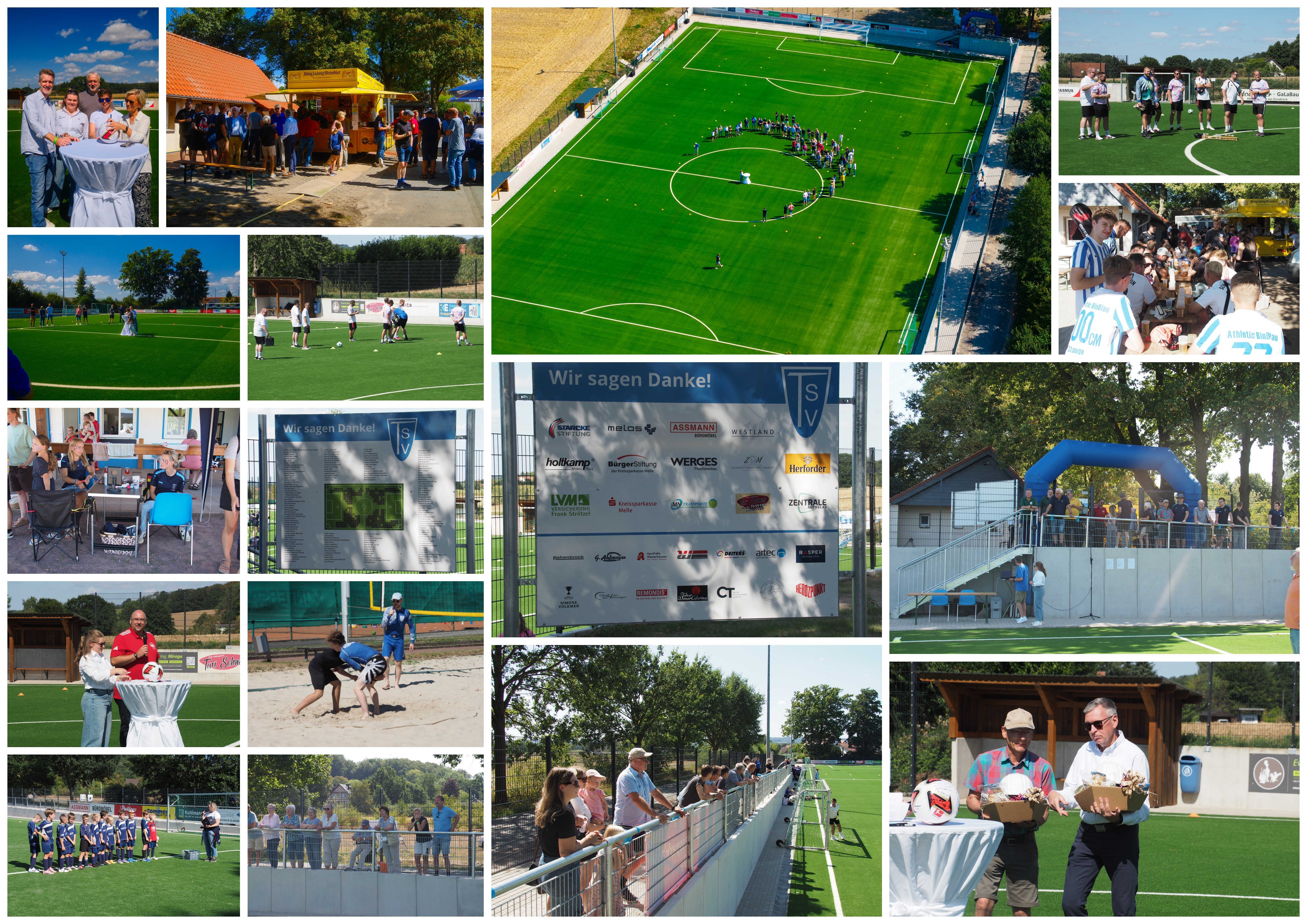 Verschiedene Szenen einer Einweihungsfeier auf einem Kunstrasenplatz mit Gruppen von Menschen, Fußballspielern, Zuschauern, einem Infostand und einem großen Banner mit Sponsorenlogos