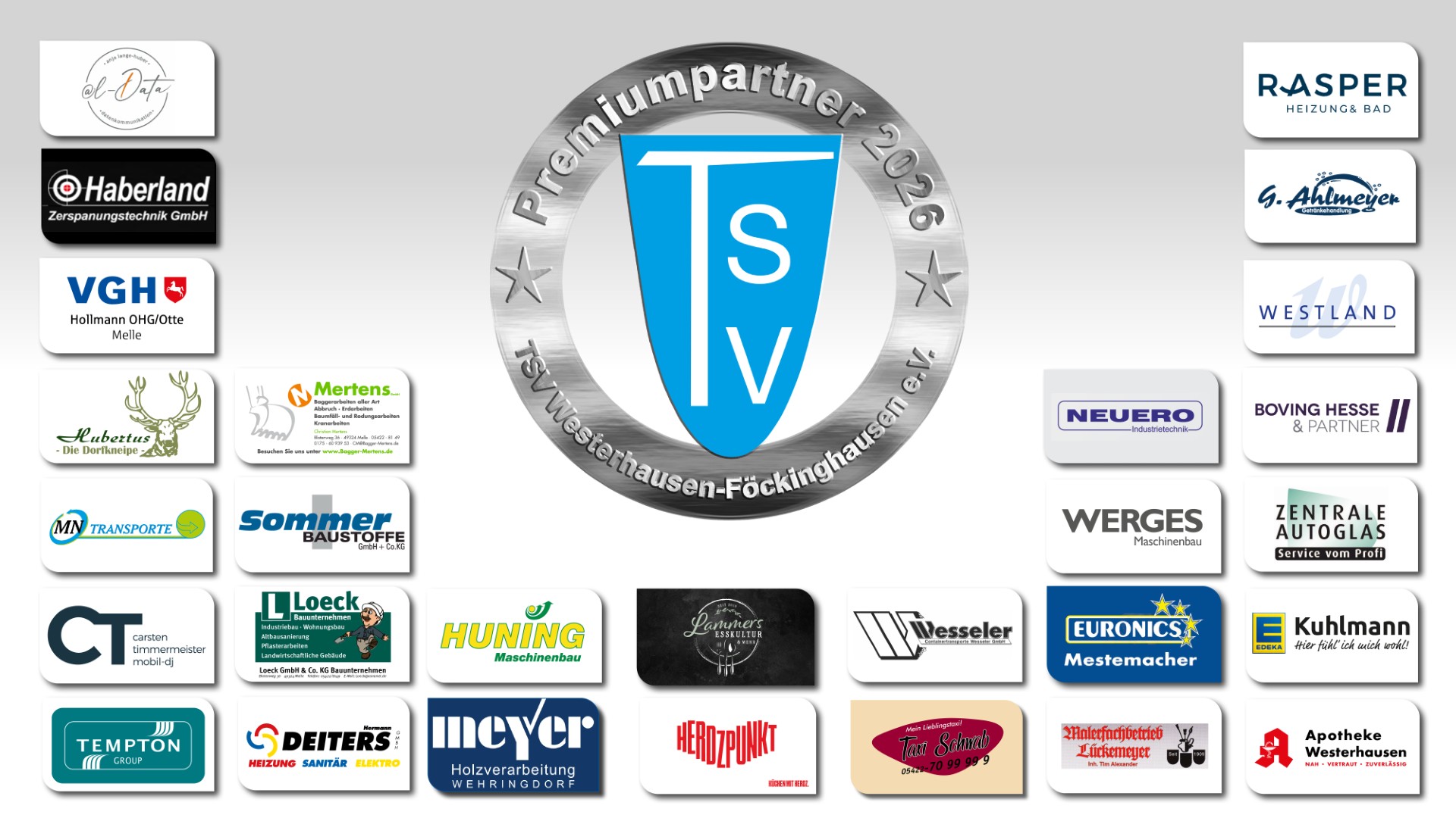 Logo des TSV Testwestausen-Föckinghausen e.V. in der Bildmitte umgeben von Logos verschiedener Premiumsponsoren